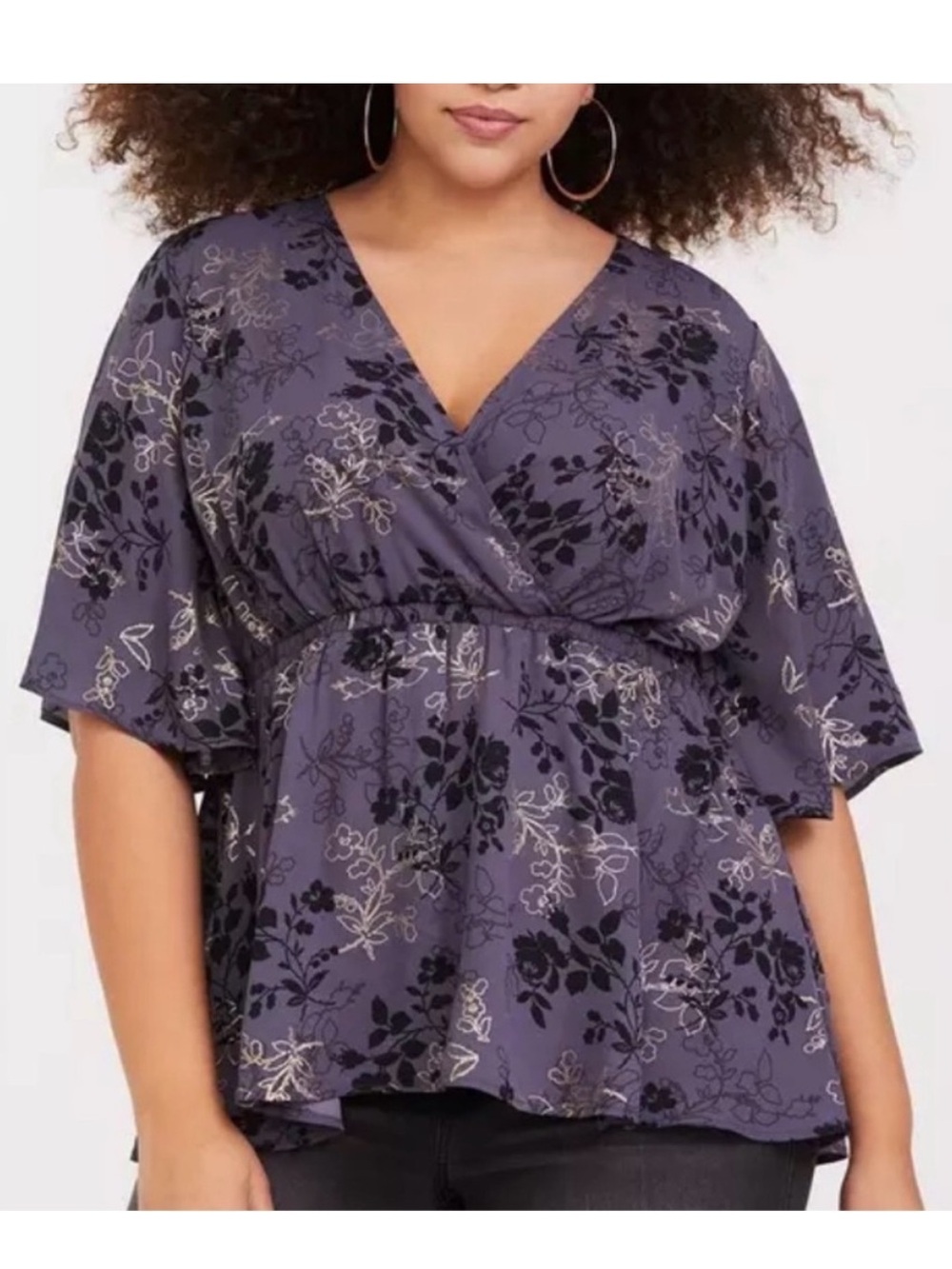 Torrid Floral V-Neck Faux-Wrap Peplum Top, Size 2X (18/20), Purple/Black/Gold